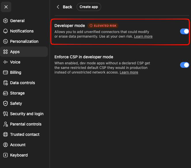 Turn on Developer mode in ChatGPT settings