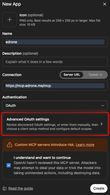 Set the name and MCP server URL