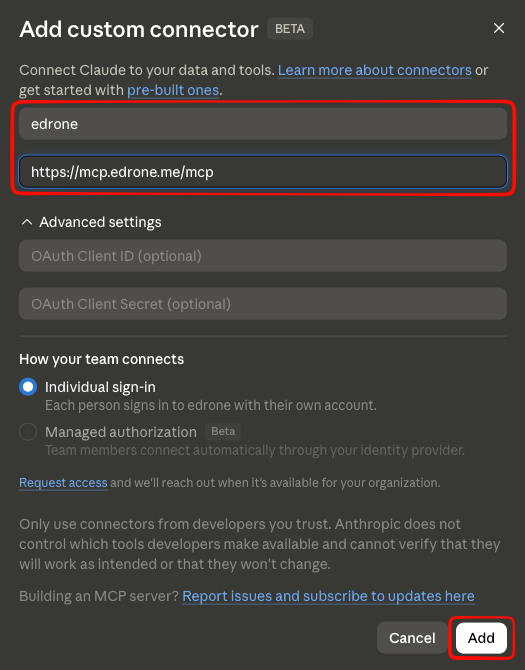 Enter the name and MCP server URL