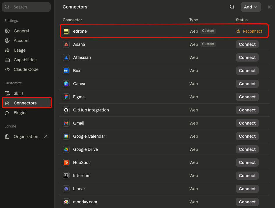 Find the edrone connector in Claude settings