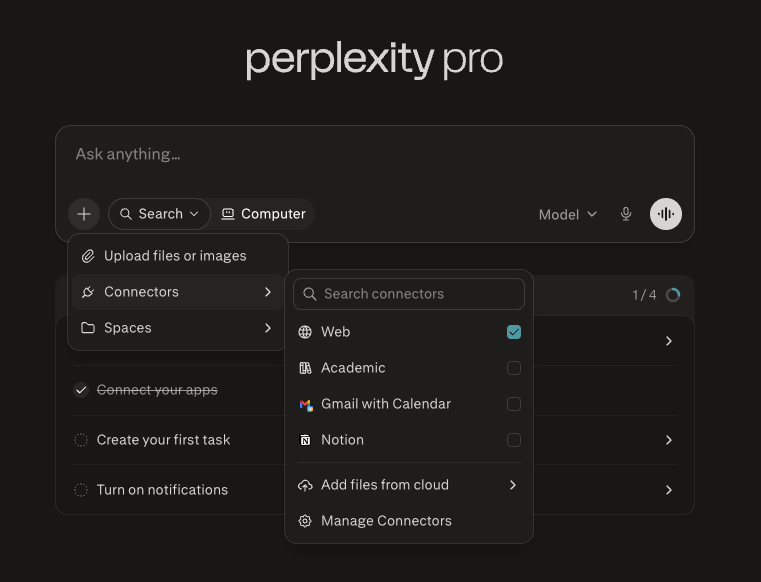 Open Manage connectors in Perplexity
